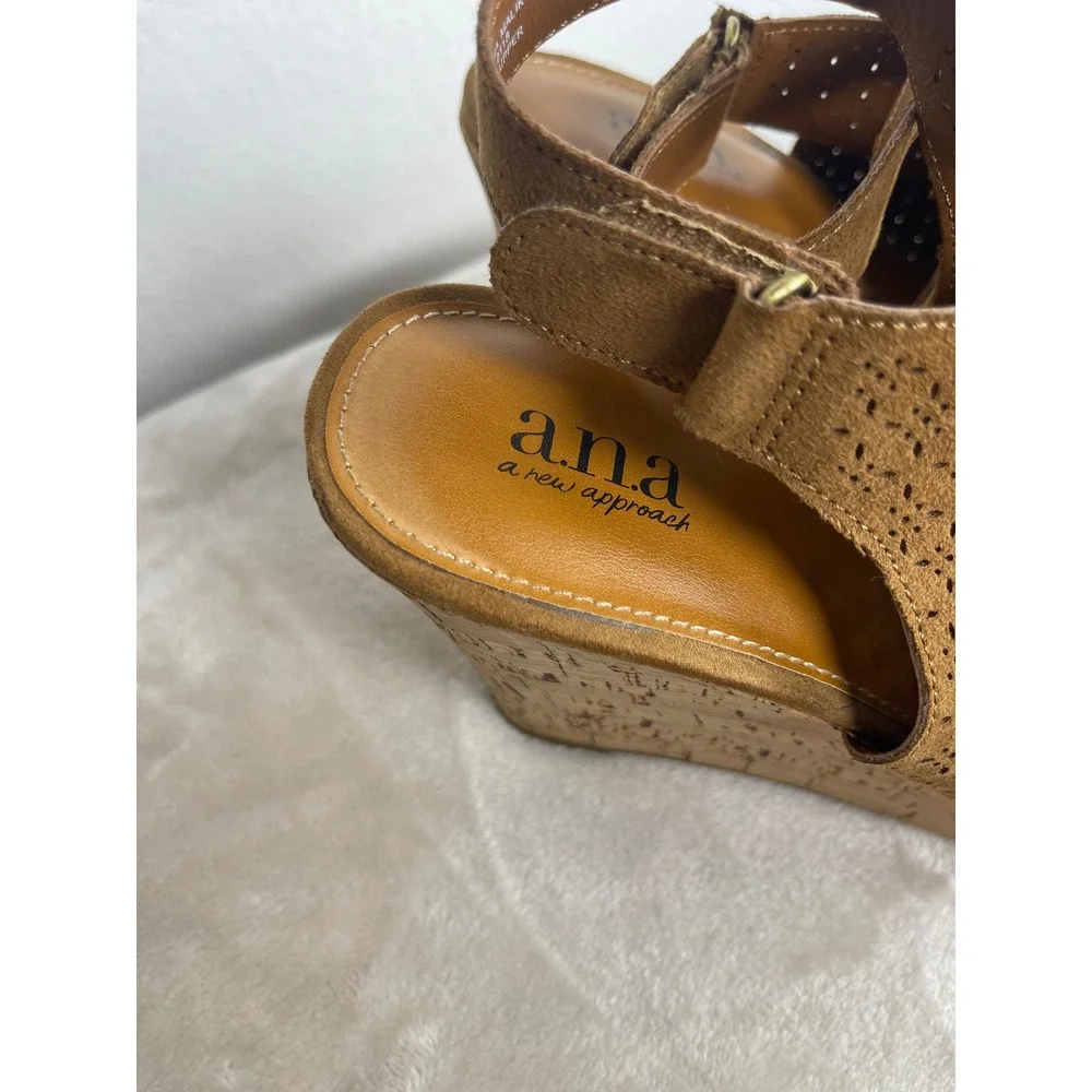 A.N.A. Malik Women Brown Laser Cut Wedge Sandals Cork Heel Slingback Size 10M